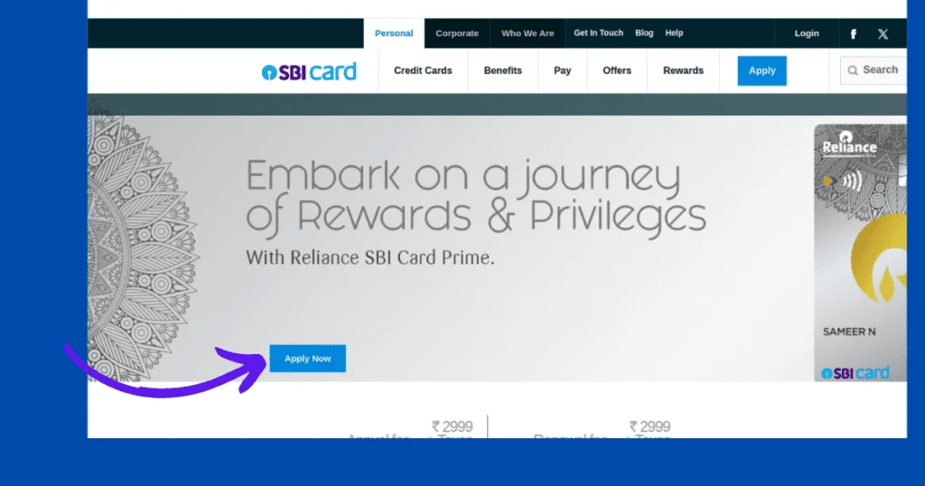 reliance sbi prime credit card apply hindi